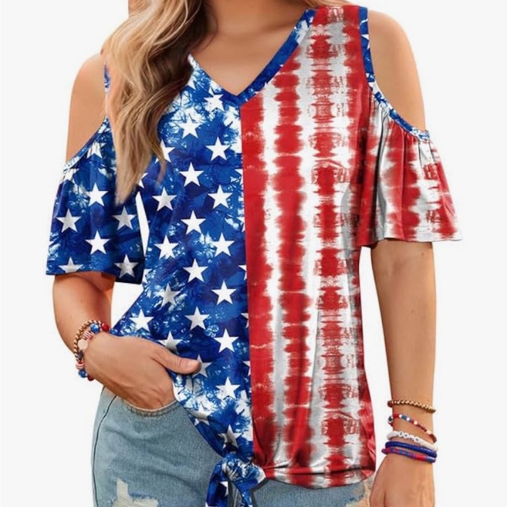 Never Worn Red White Blue cold shoulder tee